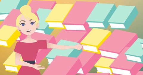 Female mentor with colorful books highlighting education concept