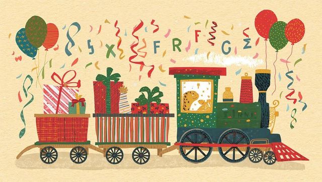 Festive toy steam train hauling gifts and balloons on textured paper holiday illustration