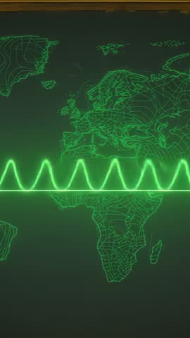 Retro monitor powering on with green wireframe world map and scanning oscilloscope waveform