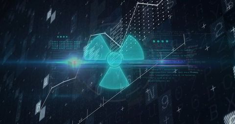Turquoise radioactive trefoil hud with neon data grids and futuristic cyber interface