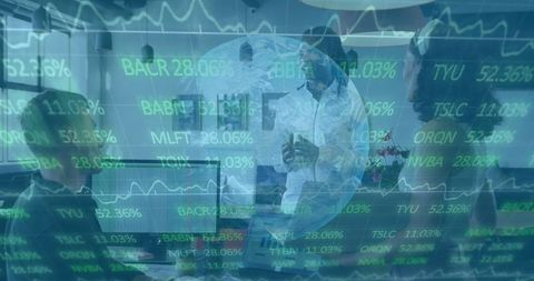 Executive presenting financial strategy in digital meeting with stock overlay