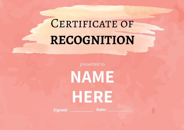 Customizable Certificate of Recognition with Pink Watercolor Background - Download Free Stock Templates Pikwizard.com