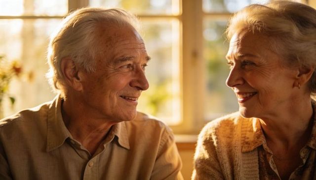 Sunlit senior couple sharing warm smile and quiet togetherness by window