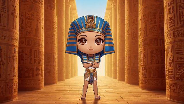 Chibi pharaoh in ancient temple hallway fantasy illustration