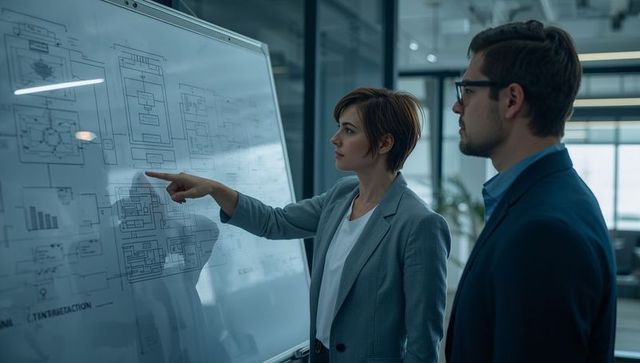 Executive pointing at technical diagrams on whiteboard while collaborating with colleague
