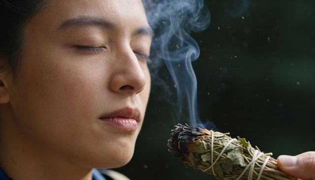Woman practicing smudging ritual closing eyes while sage smoke cleansing for mindfulness