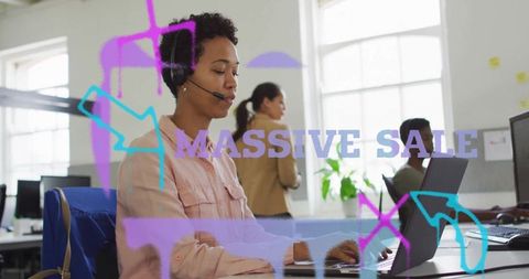 Call Agent Typing at Office with Massive Sale Text Layer