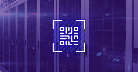 Futuristic Neon QR Code Overlay on Server Room Background - Download Free Stock Images Pikwizard.com