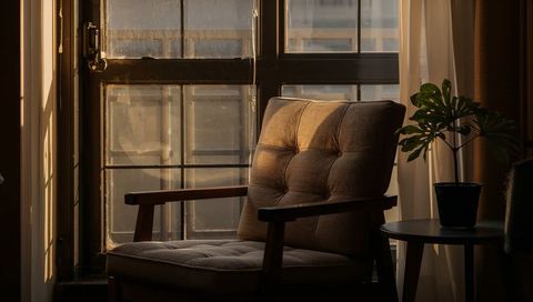 Cozy tufted armchair basking in warm golden sunlight by urban multi-pane window with potted plant