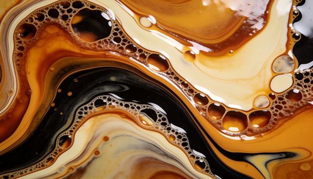 Swirling marbled coffee-cream abstract, glossy bubbles and viscous liquid texture
