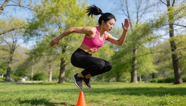 Asian woman jumping over orange training cone during outdoor fitness workout in green park