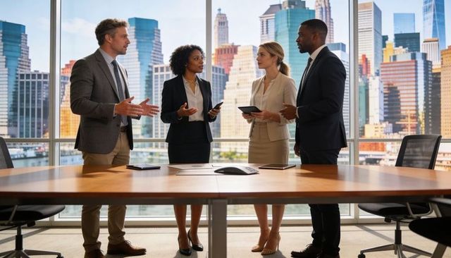 Executive Team Collaborating Around Boardroom Table Overlooking Waterfront City Skyline
