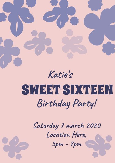 Perfect for sweet sixteen birthday party invitations and events, this design features floral elements and pastel colors, giving it a delicate and celebratory feel. Ideal for springtime birthday themes and teenage celebrations, this template welcomes guests with a festive mood. The combination of soft hues and playful flower motifs also makes it versatile for other celebratory events or custom invitations.