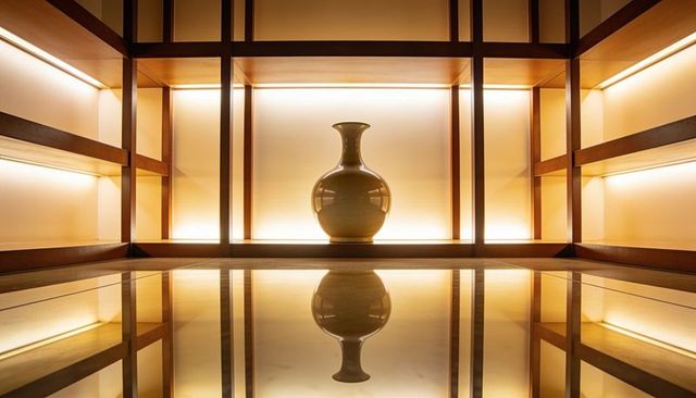 Backlit ceramic vase reflecting on mirror floor within minimalist wooden grid shelving