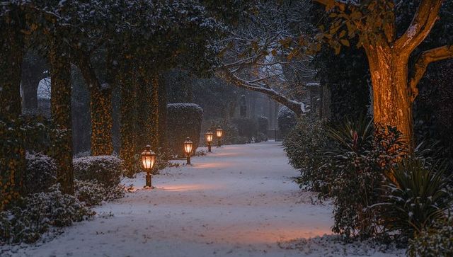 Snow-covered Garden Walkway with Glowing Lanterns Leading Toward Distant Estate Entrance