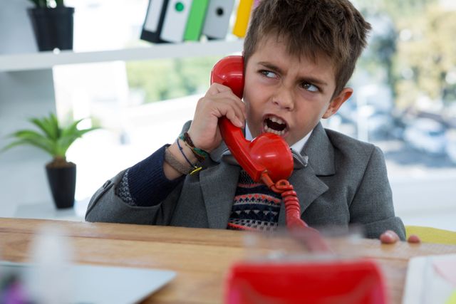 Young boy dressed in a suit talking on a red phone in an office setting. Ideal for concepts related to childhood aspirations, business training for kids, playful corporate scenarios, and communication skills development.