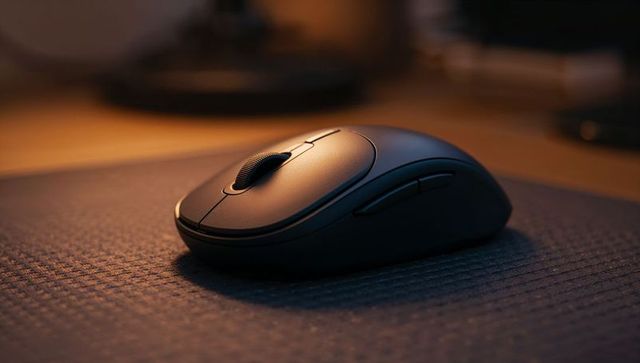 Matte dark gray wireless ergonomic mouse on textured mouse pad with warm ambient lighting