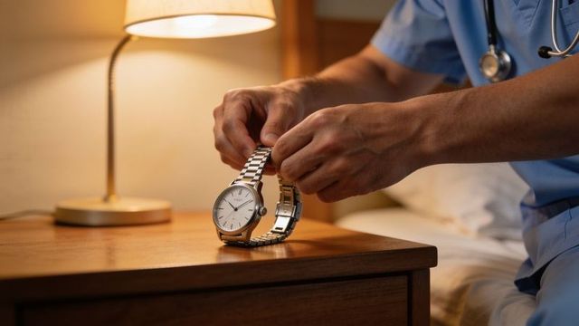 Medical worker fastening wristwatch on nightstand lamp glow, blue scrubs and stethoscope