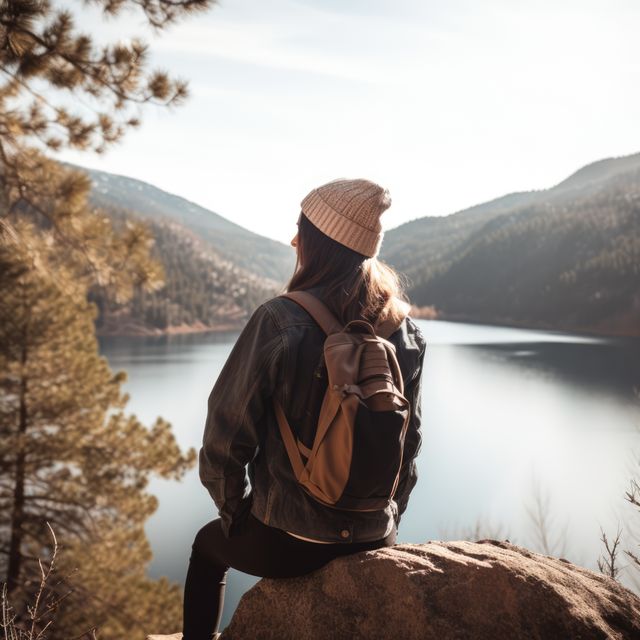 The woman sits on a rock while looking at a peaceful mountain lake, surrounded by evergreen trees. She wears a knit beanie, denim jacket, and has a backpack, suggesting an adventure in nature. Perfect for use in travel advertisements, outdoor gear promotions, or articles on hiking and nature conservation. Ideal to illustrate a sense of peace, exploration, and the beauty of the great outdoors.
