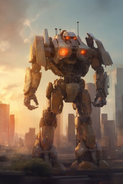 White mecha giant robot with lights over cityscape, created using generative ai technology. Mecha, science fiction and machines concept digitally generated image.
