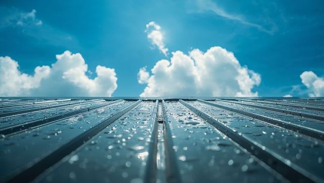 Shiny Metal Roof with Water Droplets Against Clear Blue Sky