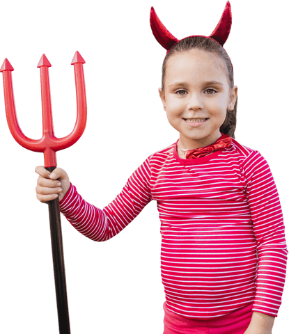 smiling girl in devil costume holding red trident transparent background - Download Free Stock Videos Pikwizard.com