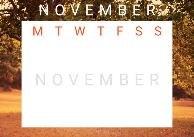 November calendar template featuring a warm autumn backdrop. Use this template for scheduling and planning during the fall season. Ideal for personal, academic, or work use, helping to stay organized in November. Great addition to digital planners, journals, and seasonal event planning.