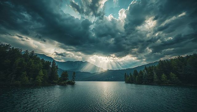 Dramatic sunbeams breaking through stormy skies over alpine lake