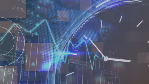 Financial Analysis Overlay on World Map and Clock Face