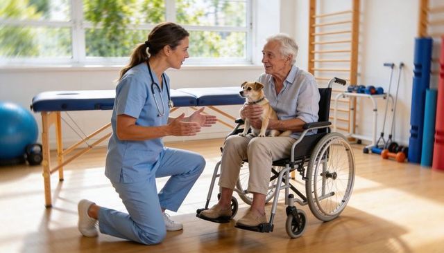 Nurse kneeling with elderly man in wheelchair holding small dog during rehab session