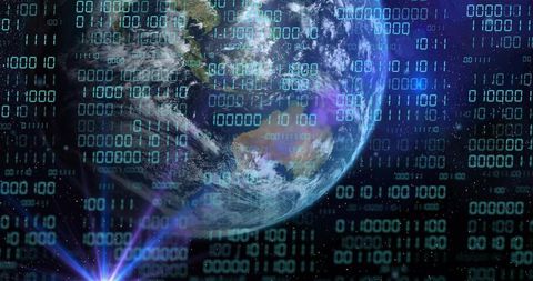 Digital Earth Visualizing Global Data Flow with Binary Overlay and Violet Light Beam