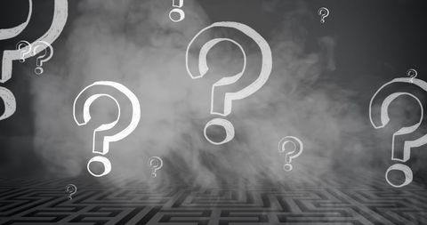 Floating question marks over smoky maze background