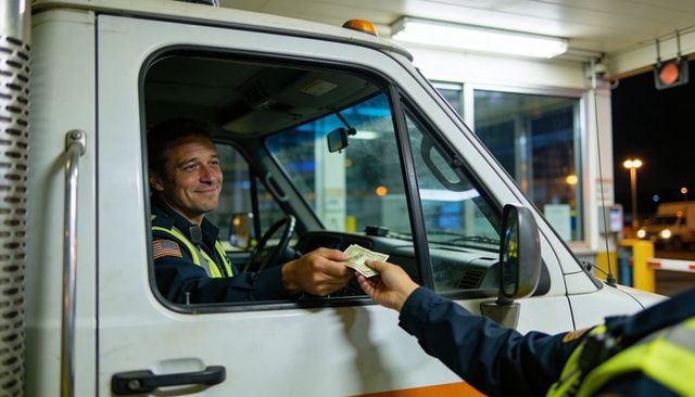 Security officer handing cash to van driver at night shift checkpoint with us flag patch and barrier