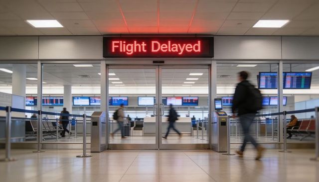 Flight delayed led sign over gate with blurred passengers, flight monitors, boarding area