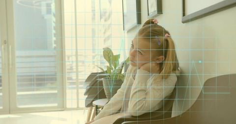 Young girl leaning in modern waiting room gazing upward with digital grid waveform overlay