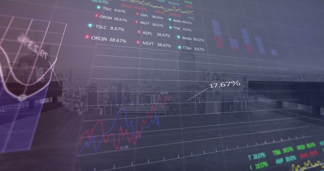Dynamic blend of digital financial data visualizations with urban cityscape provides futuristic appeal. Ideal for articles on finance, economics, business growth, stock market trends, financial reports, and tech-forward investment presentations. Effective for visualizing market analysis and data-driven financial insights.