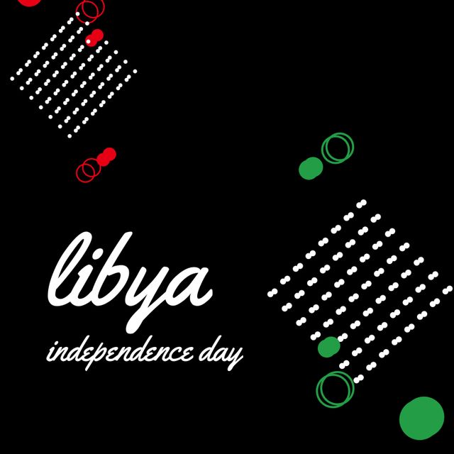 Design features 'Libya Independence Day' text accompanied by abstract geometric patterns on a black background. Ideal for event promotions, social media posts, holiday announcements, and educational materials celebrating this significant national holiday in Libya.