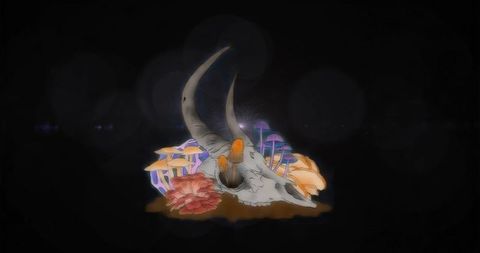 Mystical horned skull with vibrant mushrooms in enigmatic darkness