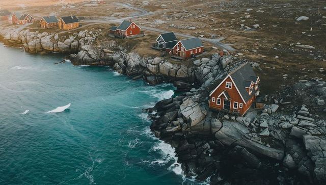Red cottage on rugged granite cliffs over turquoise sea, drone view of nordic harbor