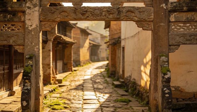 Sunlit carved stone arch framing moss-covered cobblestone lane in historic village
