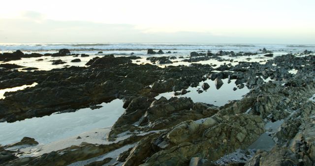 Rocky shoreline at dusk presents a serene outdoor scene. Jagged rocks and tidal pools create a tranquil coastal landscape as the day ends.