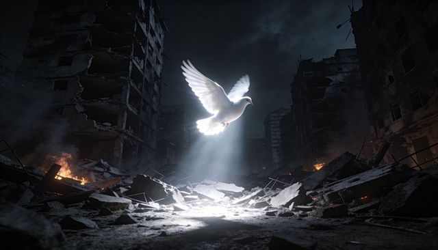 White dove hovering over war-torn urban ruins with dramatic light beam symbolizing hope