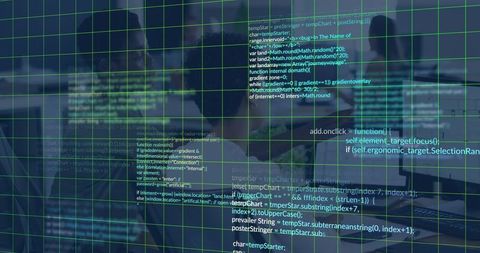 Developers Collaborating Behind Code Overlay with Neon Grid Interface and Screens