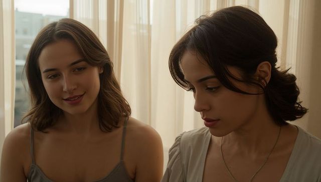 Two women sitting close in soft light by sheer curtains sharing quiet, intimate moment