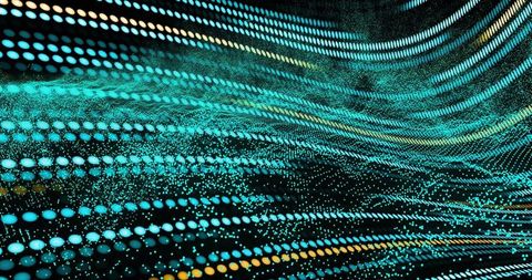 Turquoise Particle Wave Flowing Across Neon Dot Grid with Yellow-Orange Accents
