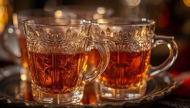 Elegant ornate cut-glass teacups resting with amber tea on reflective tray warm bokeh glow