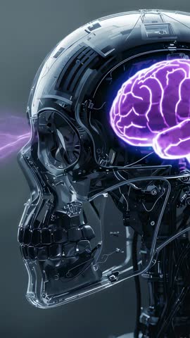 Cybernetic Skull Pulsing Purple Brain Energy Charging Neon Circuitry Vertical Tech Video