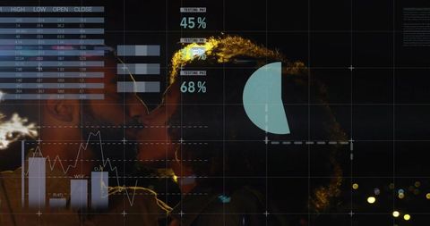 Couple kissing on rooftop at night backlit by city lights with hud data overlay