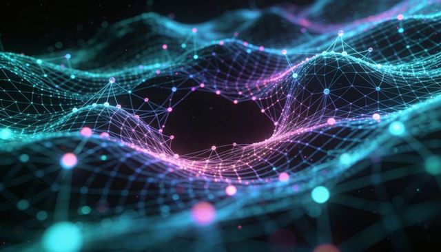 Glowing neural network waveform undulating digital mesh with neon nodes and data grid