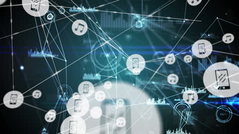 Digital Network with Music and Mobile Icons on Blue